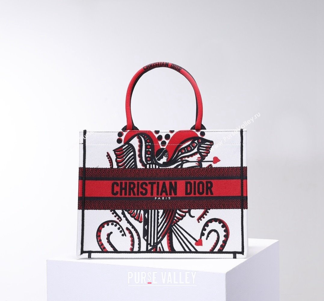 Dior Small Book Tote Bag in White and Red Multicolor Cupidon Embroidery 2022 (BINF-22012180)