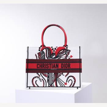 Dior Small Book Tote Bag in White and Red Multicolor Cupidon Embroidery 2022 (BINF-22012180)