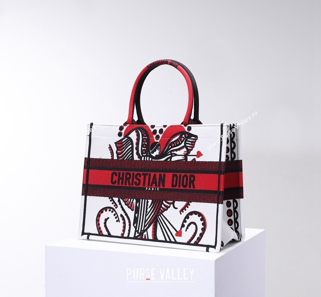 Dior Small Book Tote Bag in White and Red Multicolor Cupidon Embroidery 2022 (BINF-22012180)