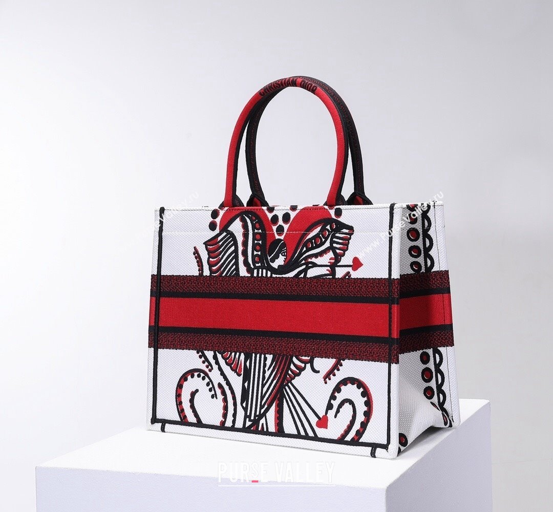 Dior Small Book Tote Bag in White and Red Multicolor Cupidon Embroidery 2022 (BINF-22012180)