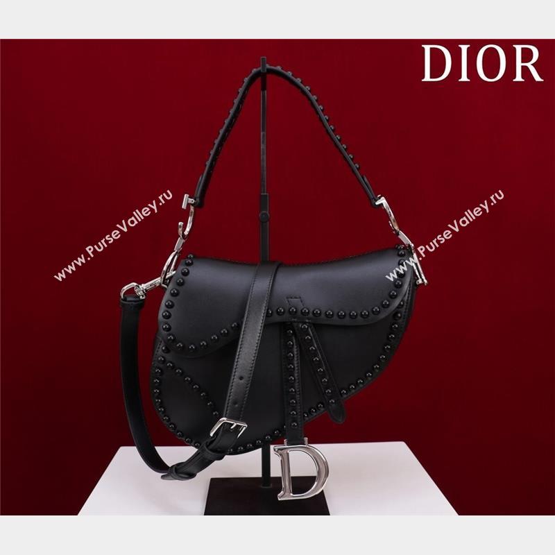 Dior Medium Saddle Bag with Studs in Smooth Calfskin Black/Silver 2023 (XXG-231101119)