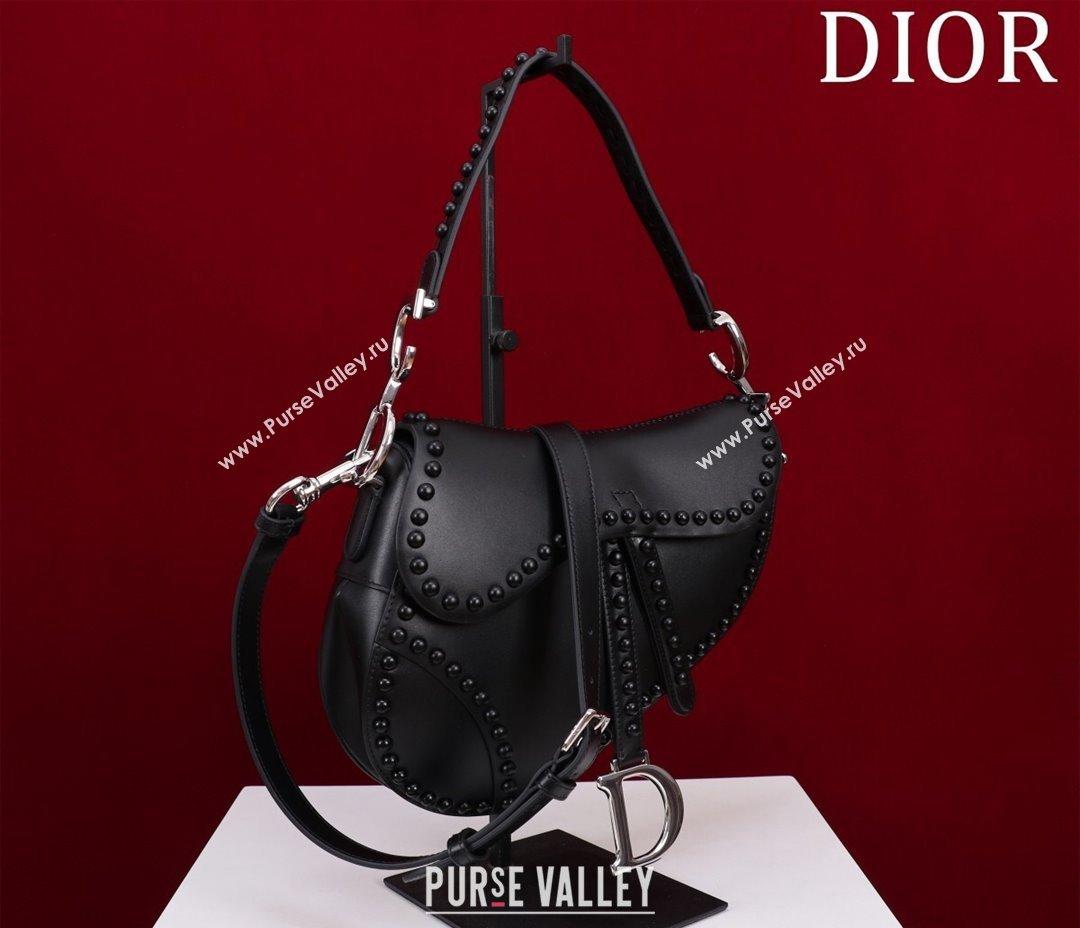 Dior Medium Saddle Bag with Studs in Smooth Calfskin Black/Silver 2023 (XXG-231101119)