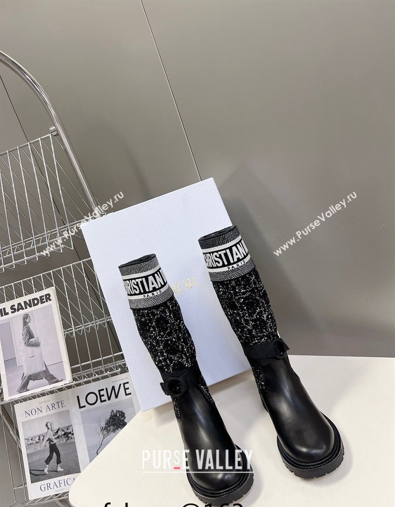 Dior D-Major High Boots in Black Calfskin with Black and White Cannage Tweed 2025 (MD-251029016)