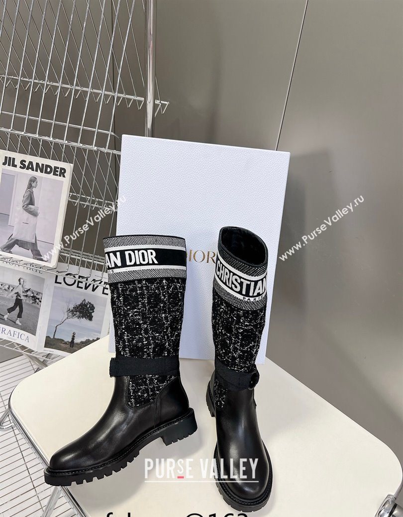 Dior D-Major High Boots in Black Calfskin with Black and White Cannage Tweed 2025 (MD-251029016)