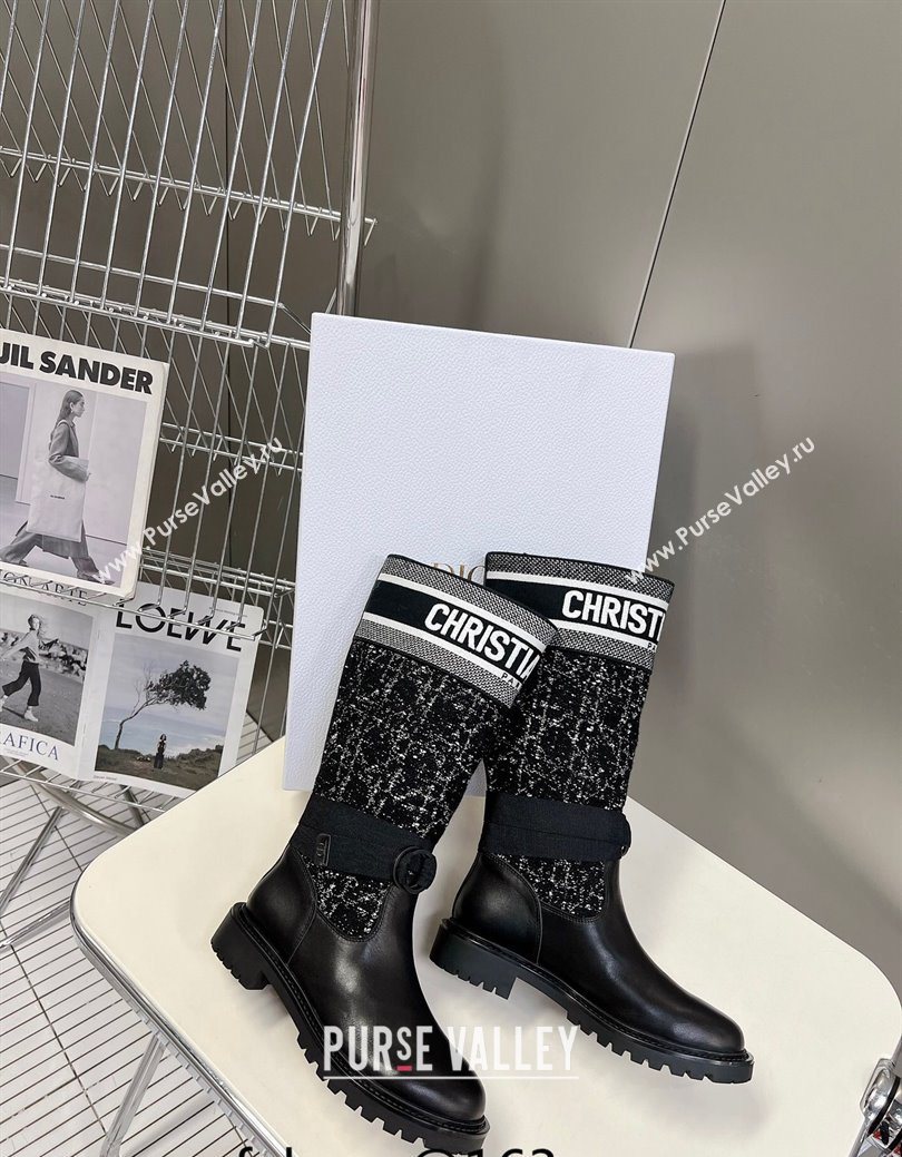 Dior D-Major High Boots in Black Calfskin with Black and White Cannage Tweed 2025 (MD-251029016)