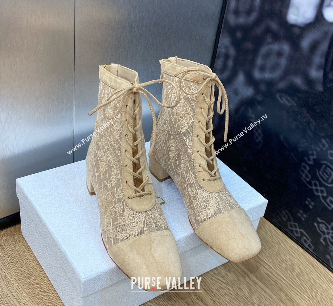 Dior Naughtily-D Ankle Boots 3.5cm in Transparent Mesh and Sand-Colored Suede Embroidered with Dior Roses Motif 2023 (MD-2311031