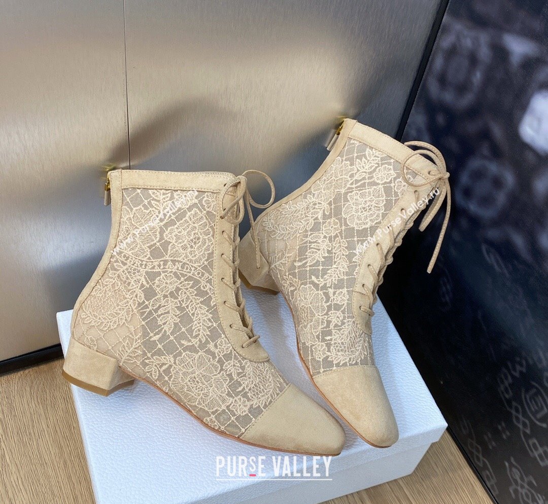 Dior Naughtily-D Ankle Boots 3.5cm in Transparent Mesh and Sand-Colored Suede Embroidered with Dior Roses Motif 2023 (MD-2311031