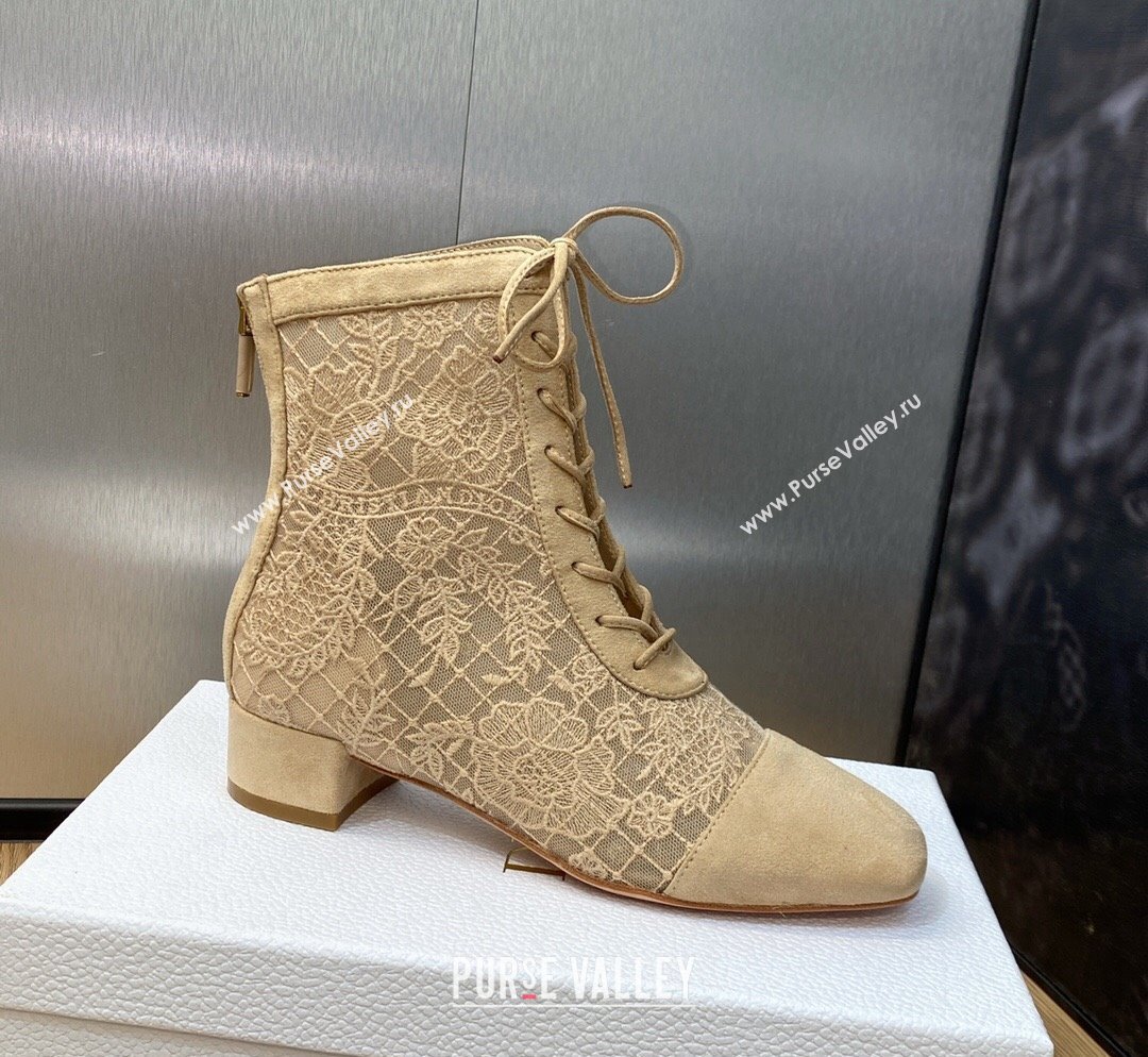 Dior Naughtily-D Ankle Boots 3.5cm in Transparent Mesh and Sand-Colored Suede Embroidered with Dior Roses Motif 2023 (MD-2311031