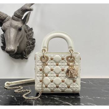 Dior Mini Lady Dior Bag in White Cannage Lambskin with Gold-Finish Butterfly Studs 2023 M0505 (BF-231115018)