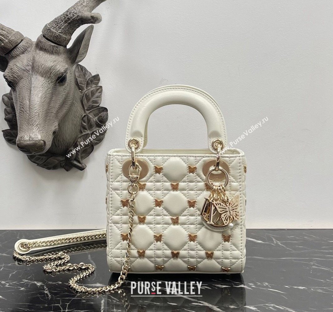 Dior Mini Lady Dior Bag in White Cannage Lambskin with Gold-Finish Butterfly Studs 2023 M0505 (BF-231115018)