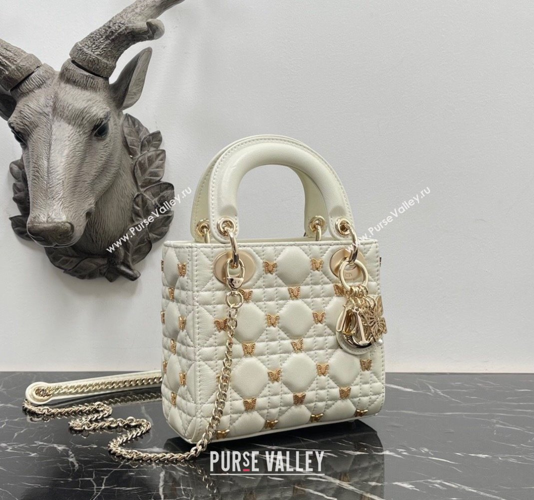 Dior Mini Lady Dior Bag in White Cannage Lambskin with Gold-Finish Butterfly Studs 2023 M0505 (BF-231115018)