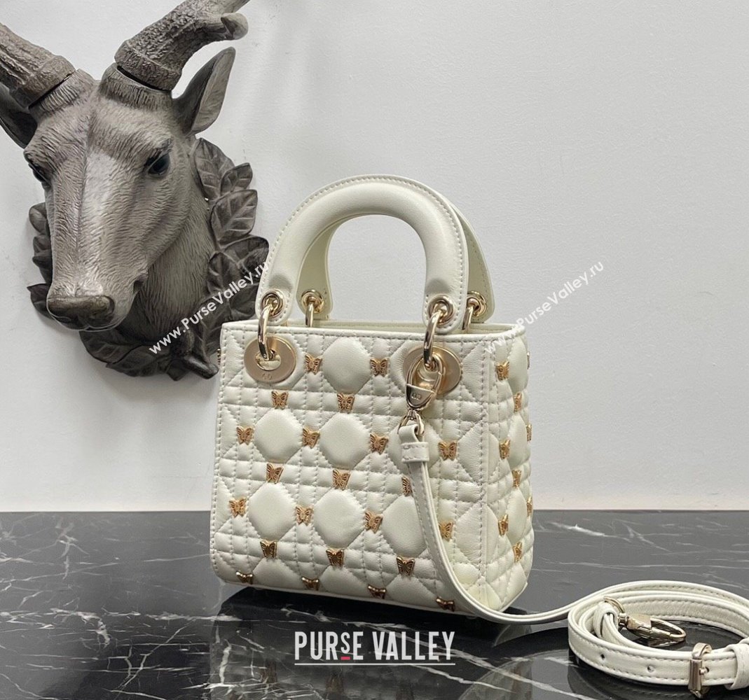 Dior Mini Lady Dior Bag in White Cannage Lambskin with Gold-Finish Butterfly Studs 2023 M0505 (BF-231115018)