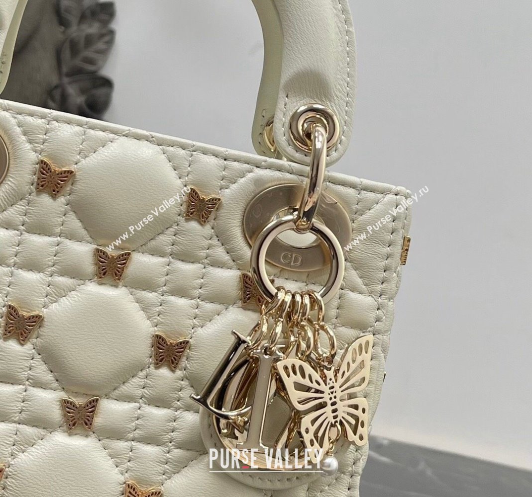 Dior Mini Lady Dior Bag in White Cannage Lambskin with Gold-Finish Butterfly Studs 2023 M0505 (BF-231115018)
