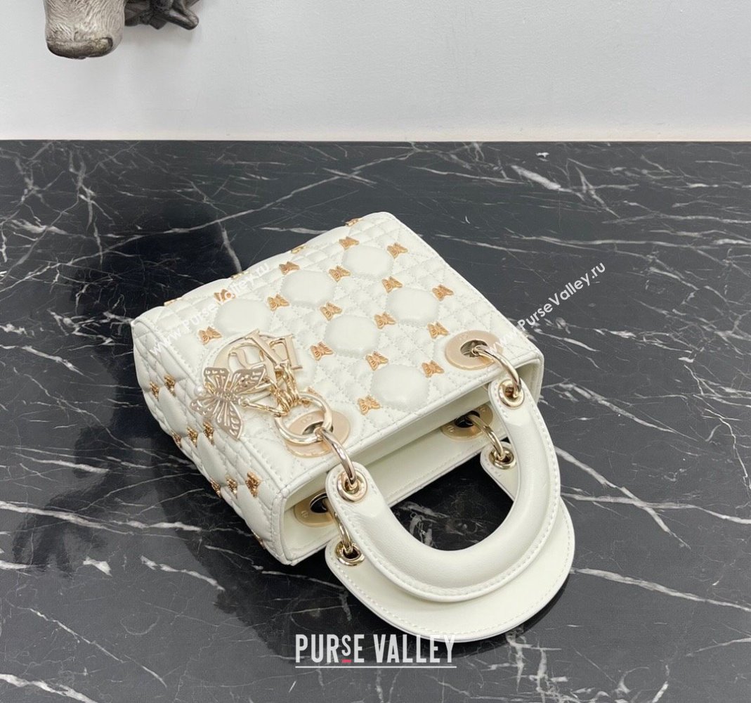 Dior Mini Lady Dior Bag in White Cannage Lambskin with Gold-Finish Butterfly Studs 2023 M0505 (BF-231115018)