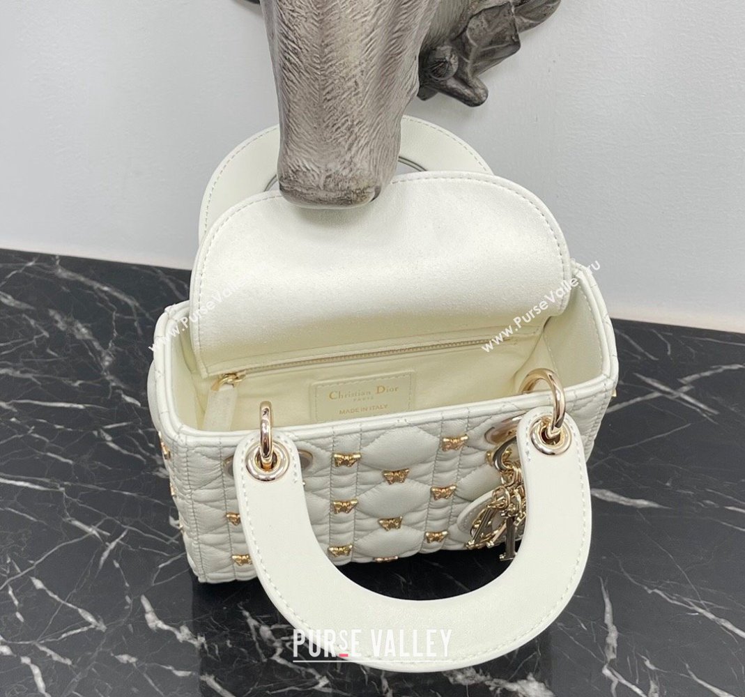 Dior Mini Lady Dior Bag in White Cannage Lambskin with Gold-Finish Butterfly Studs 2023 M0505 (BF-231115018)
