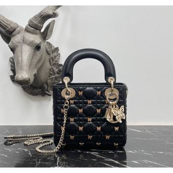 Dior Mini Lady Dior Bag in Black Cannage Lambskin with Gold-Finish Butterfly Studs 2023 M0505 (BF-231115019)