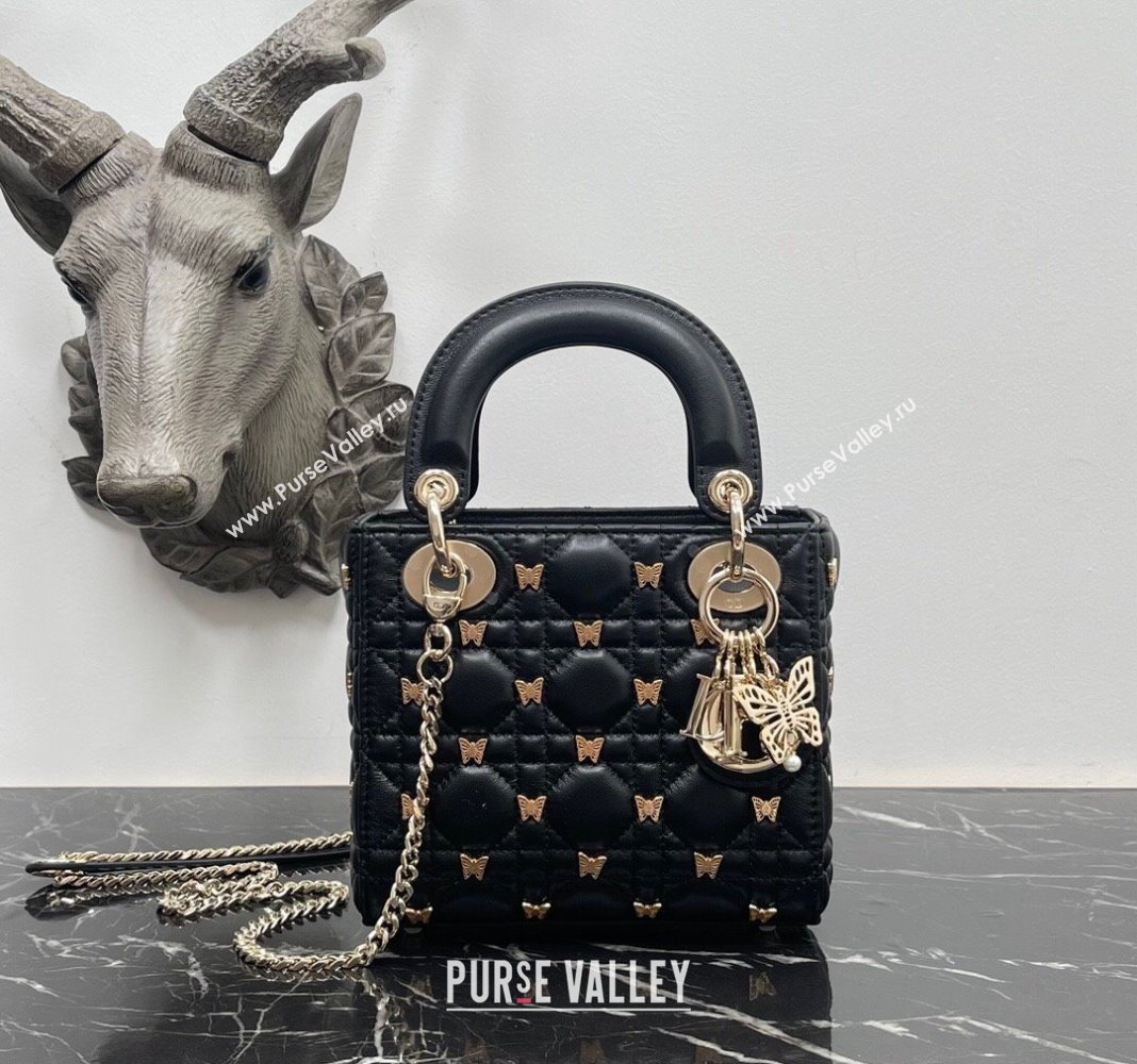 Dior Mini Lady Dior Bag in Black Cannage Lambskin with Gold-Finish Butterfly Studs 2023 M0505 (BF-231115019)