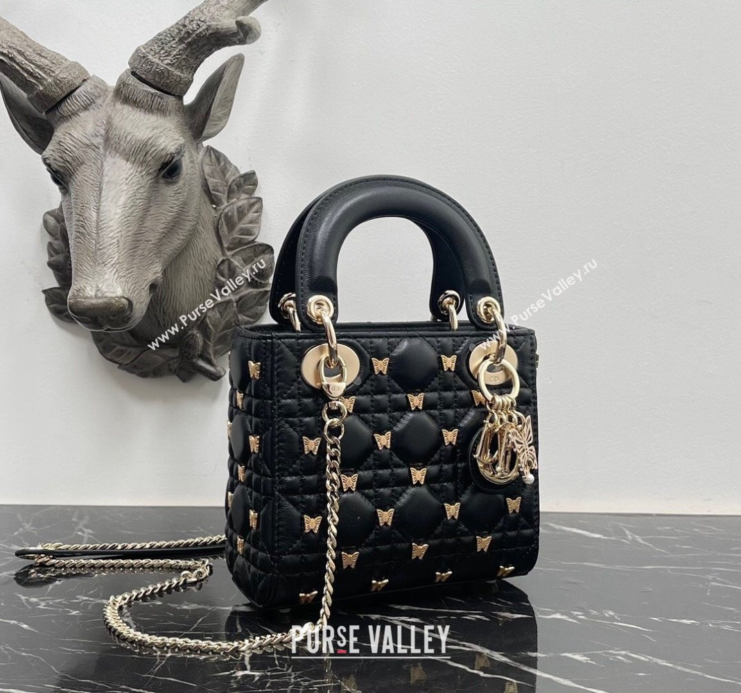 Dior Mini Lady Dior Bag in Black Cannage Lambskin with Gold-Finish Butterfly Studs 2023 M0505 (BF-231115019)