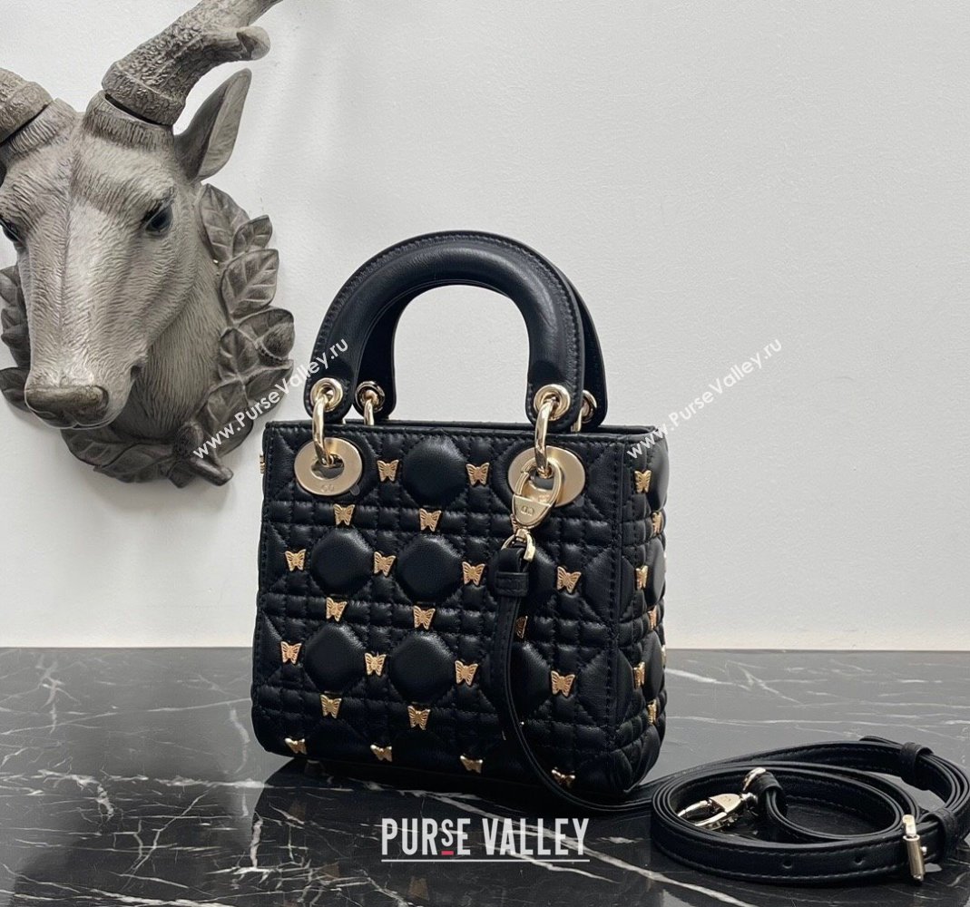 Dior Mini Lady Dior Bag in Black Cannage Lambskin with Gold-Finish Butterfly Studs 2023 M0505 (BF-231115019)