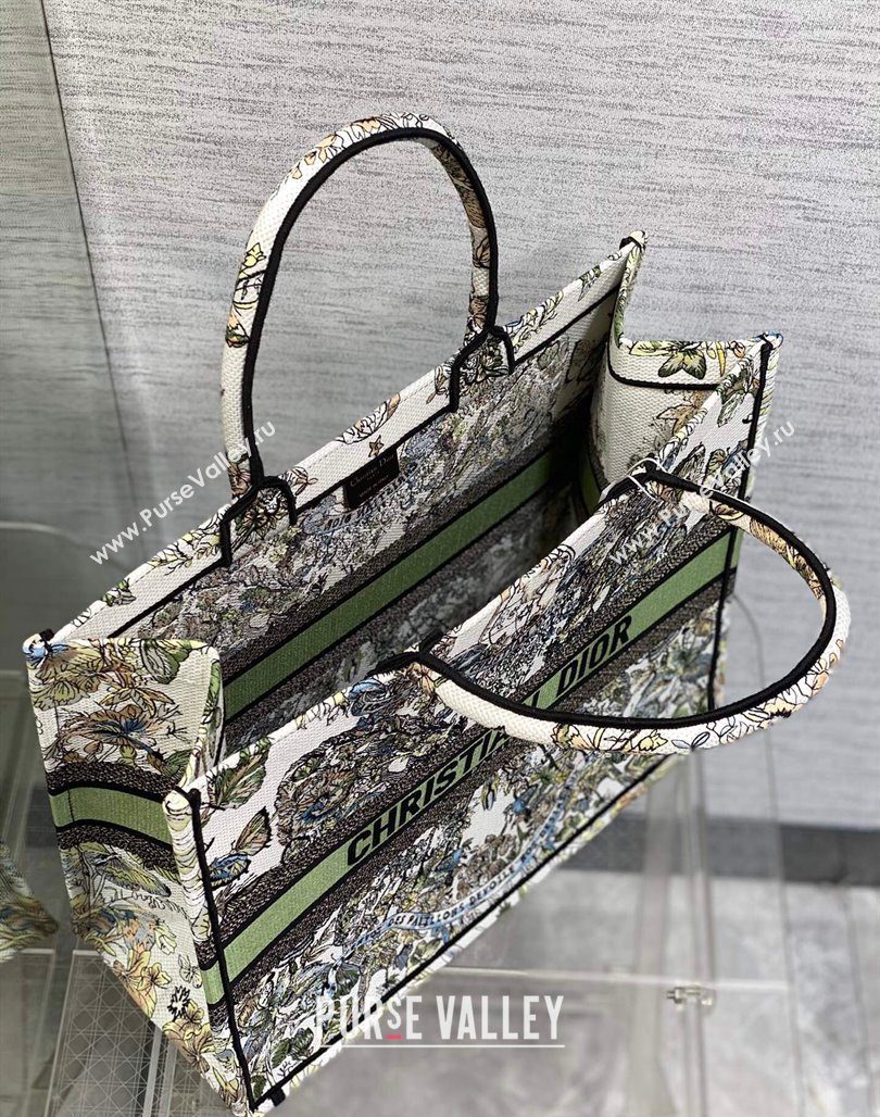 Dior Large Book Tote Bag in White and Green Butterfly Around The World Embroidery 2023 (XXG-231115032)