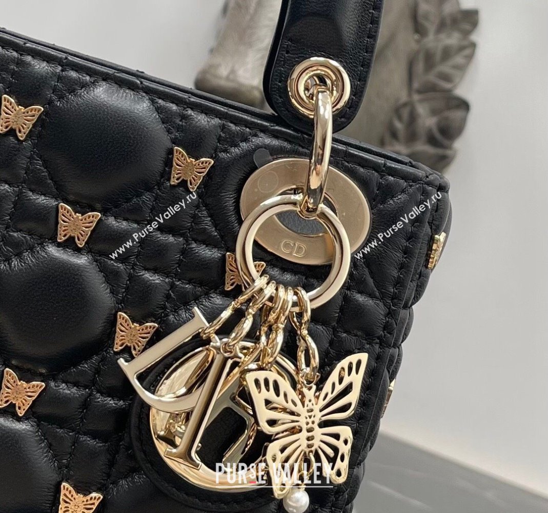 Dior Mini Lady Dior Bag in Black Cannage Lambskin with Gold-Finish Butterfly Studs 2023 M0505 (BF-231115019)