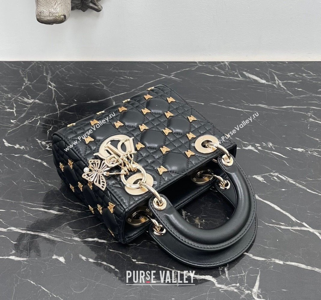 Dior Mini Lady Dior Bag in Black Cannage Lambskin with Gold-Finish Butterfly Studs 2023 M0505 (BF-231115019)