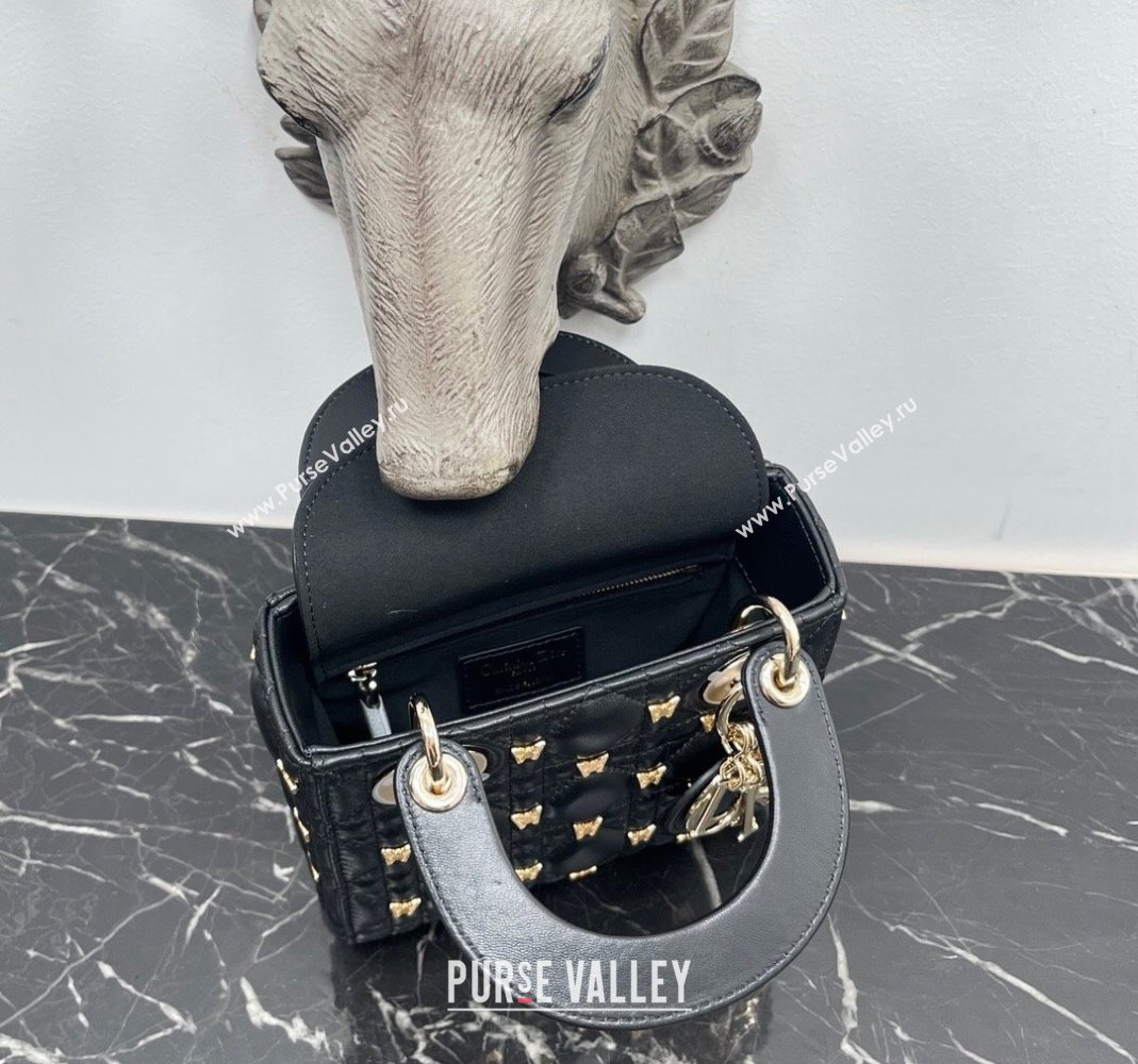Dior Mini Lady Dior Bag in Black Cannage Lambskin with Gold-Finish Butterfly Studs 2023 M0505 (BF-231115019)