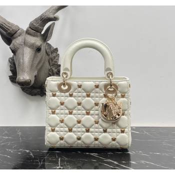 Dior Small Lady Dior Bag in White Cannage Lambskin with Gold-Finish Butterfly Studs 2023 M0538 (BF-231115020)