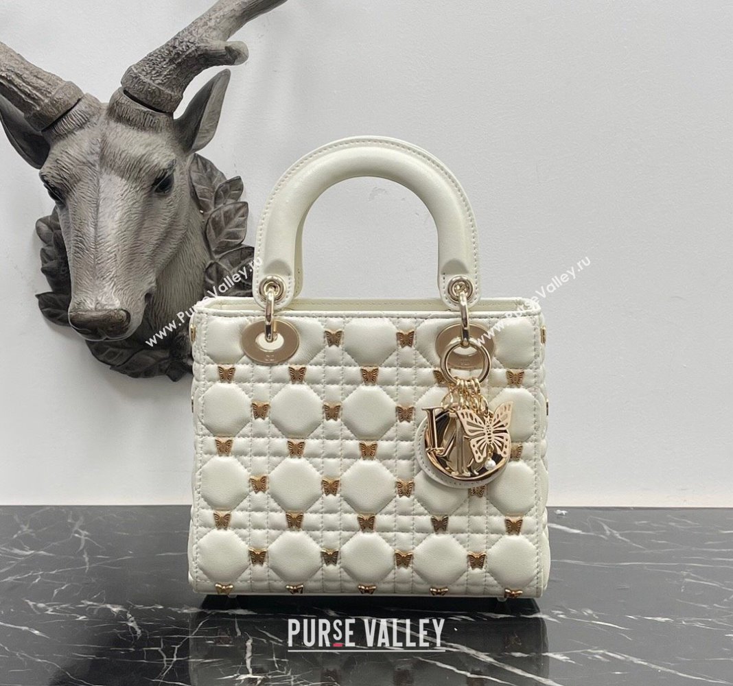 Dior Small Lady Dior Bag in White Cannage Lambskin with Gold-Finish Butterfly Studs 2023 M0538 (BF-231115020)