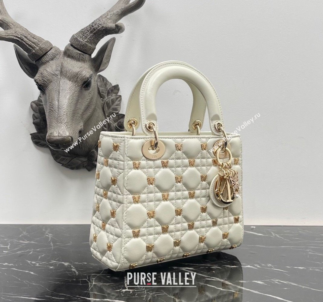 Dior Small Lady Dior Bag in White Cannage Lambskin with Gold-Finish Butterfly Studs 2023 M0538 (BF-231115020)