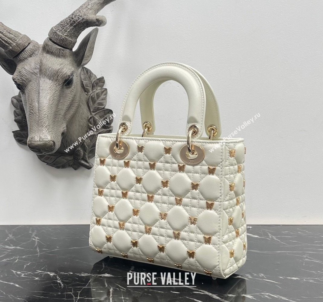 Dior Small Lady Dior Bag in White Cannage Lambskin with Gold-Finish Butterfly Studs 2023 M0538 (BF-231115020)