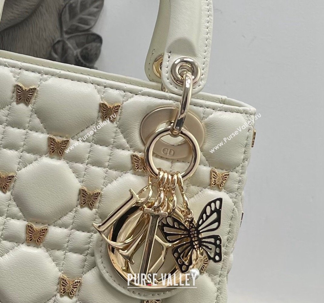 Dior Small Lady Dior Bag in White Cannage Lambskin with Gold-Finish Butterfly Studs 2023 M0538 (BF-231115020)