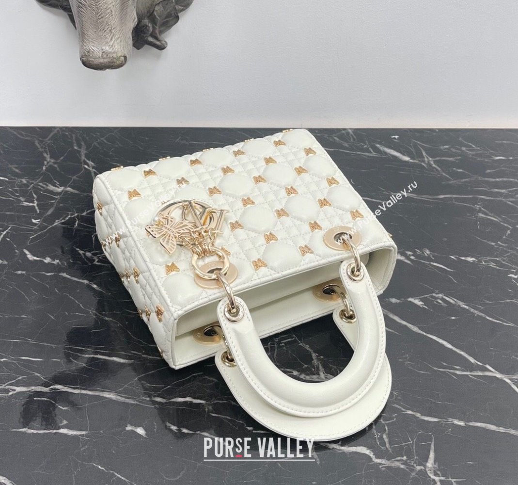 Dior Small Lady Dior Bag in White Cannage Lambskin with Gold-Finish Butterfly Studs 2023 M0538 (BF-231115020)