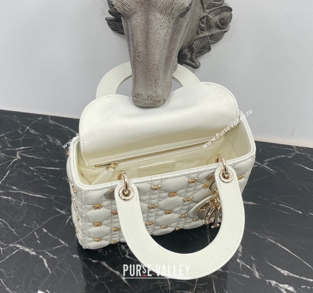 Dior Small Lady Dior Bag in White Cannage Lambskin with Gold-Finish Butterfly Studs 2023 M0538 (BF-231115020)