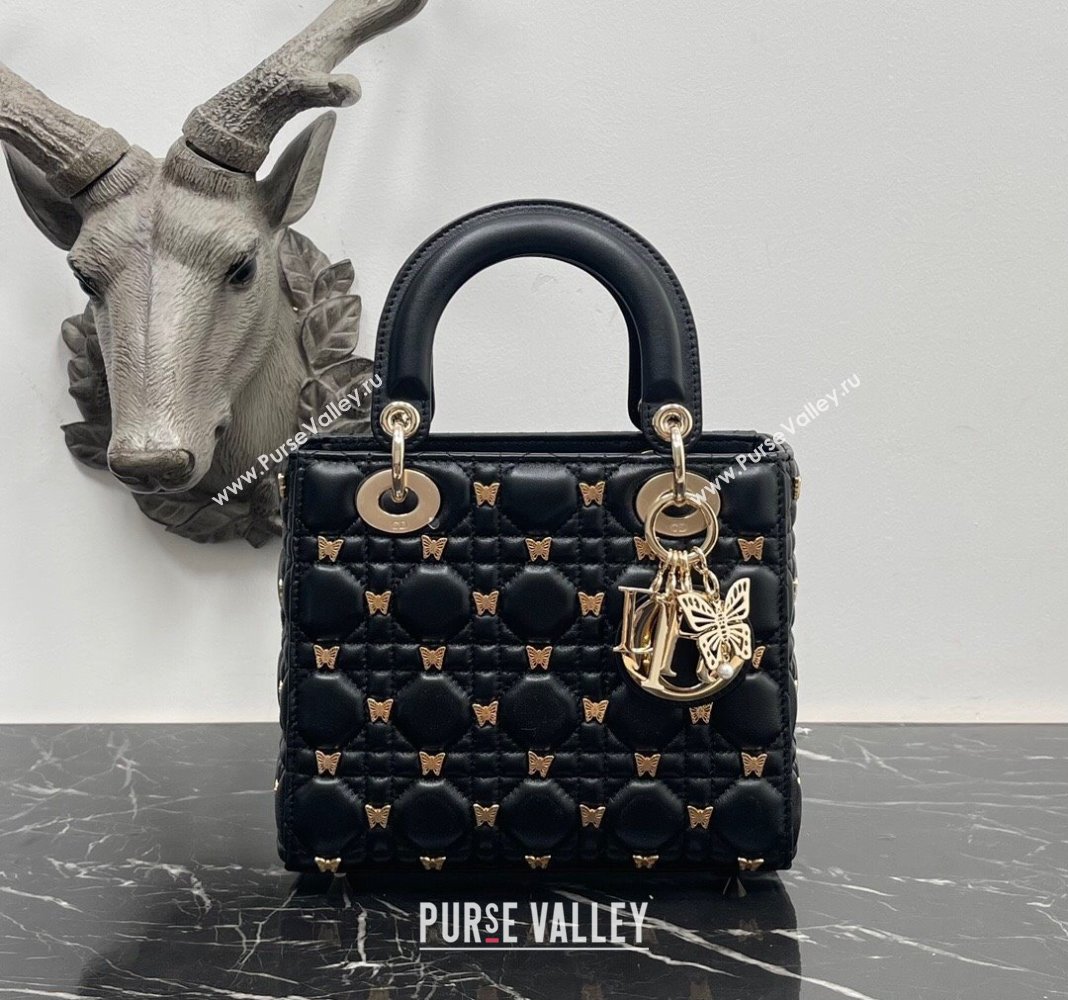 Dior Small Lady Dior Bag in Black Cannage Lambskin with Gold-Finish Butterfly Studs 2023 M0538 (BF-231115022)