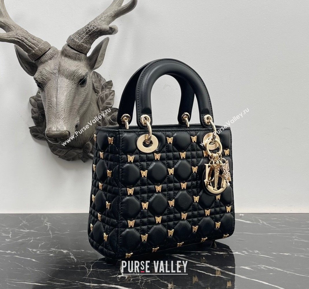 Dior Small Lady Dior Bag in Black Cannage Lambskin with Gold-Finish Butterfly Studs 2023 M0538 (BF-231115022)