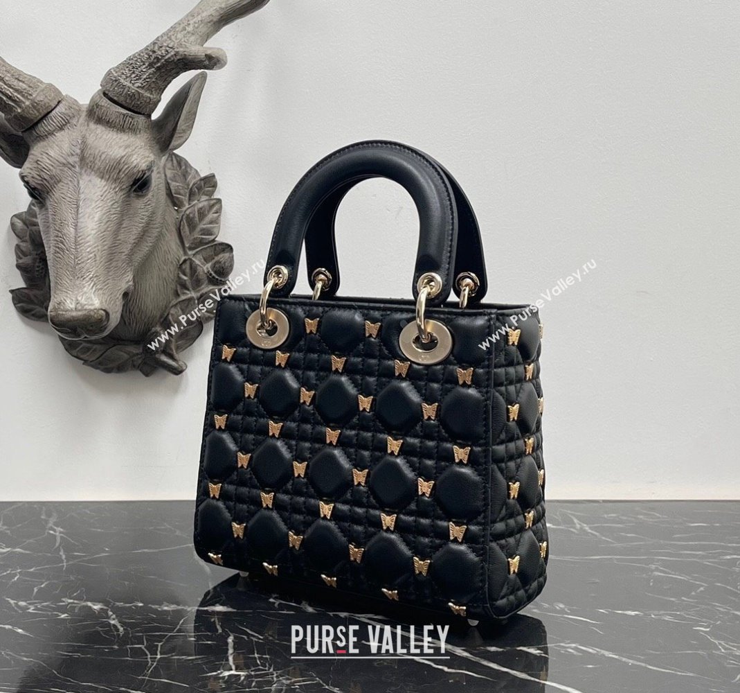 Dior Small Lady Dior Bag in Black Cannage Lambskin with Gold-Finish Butterfly Studs 2023 M0538 (BF-231115022)