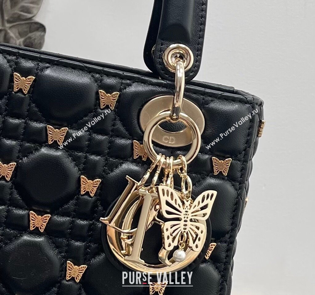 Dior Small Lady Dior Bag in Black Cannage Lambskin with Gold-Finish Butterfly Studs 2023 M0538 (BF-231115022)
