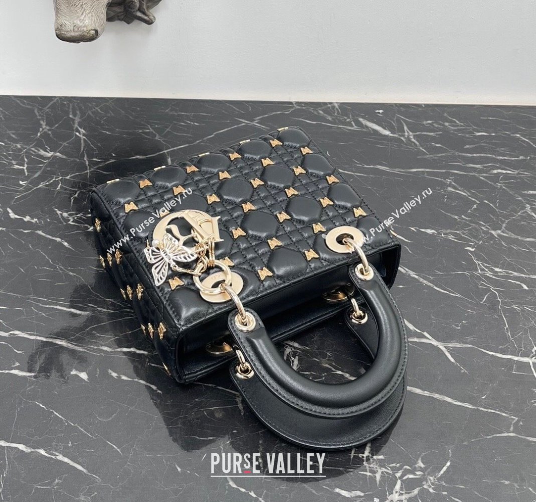 Dior Small Lady Dior Bag in Black Cannage Lambskin with Gold-Finish Butterfly Studs 2023 M0538 (BF-231115022)