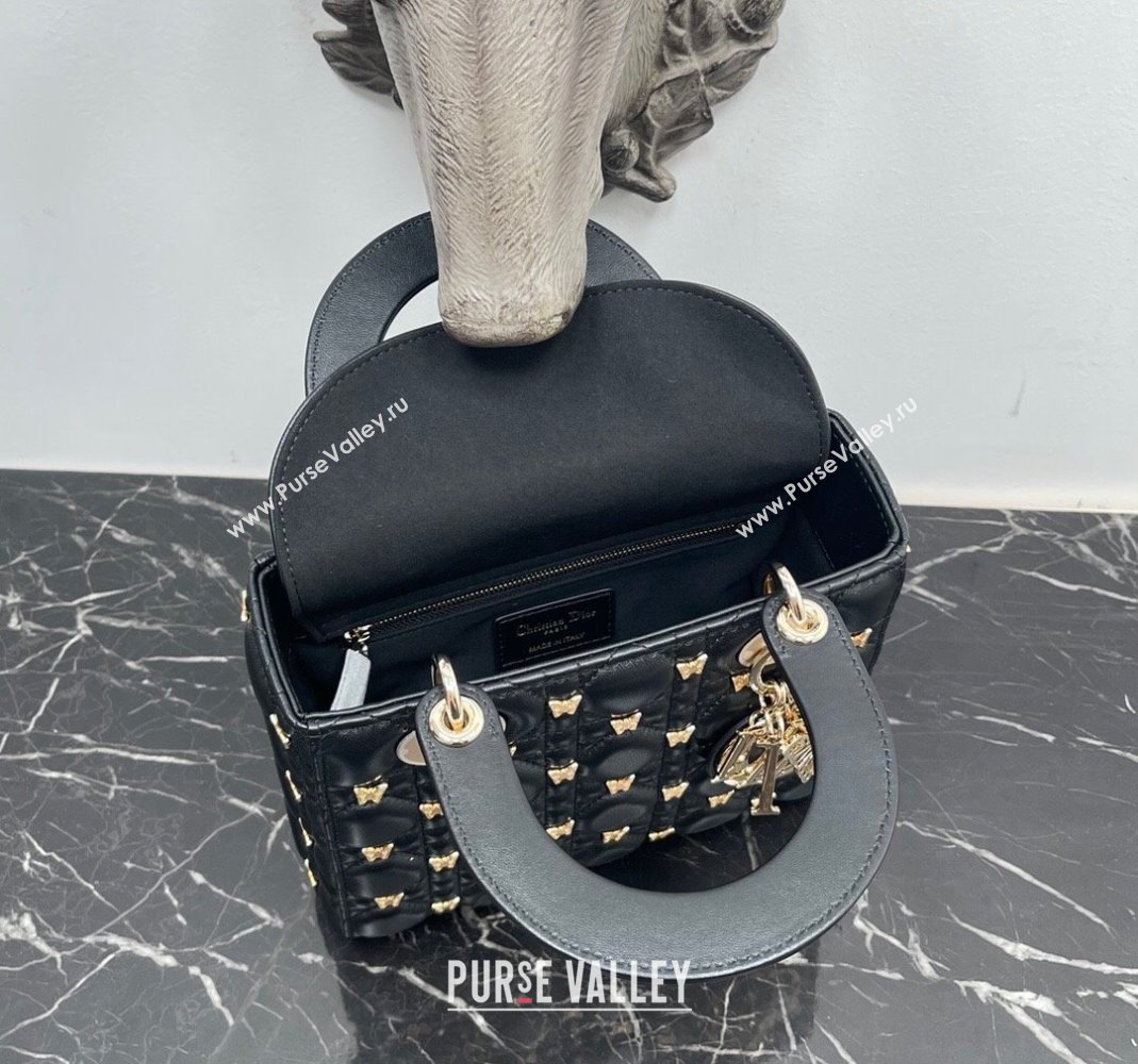 Dior Small Lady Dior Bag in Black Cannage Lambskin with Gold-Finish Butterfly Studs 2023 M0538 (BF-231115022)