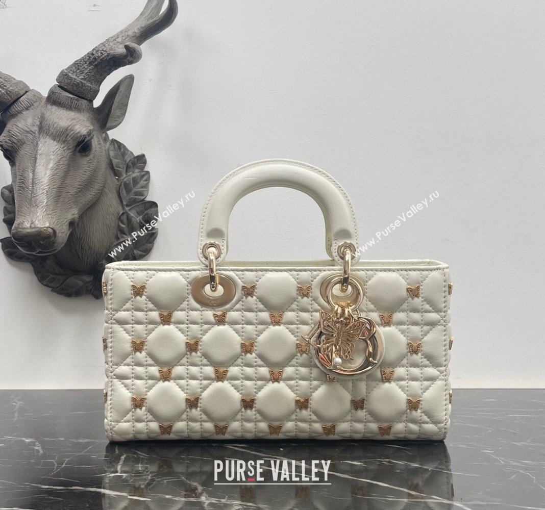 Dior Medium Lady D-Joy Bag in White Cannage Lambskin with Gold-Finish Butterfly Studs 2023 M0540 (BF-231115021)