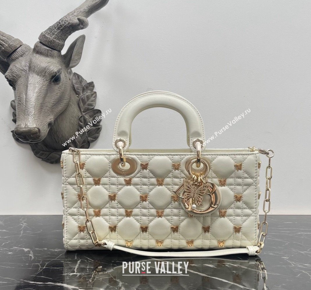 Dior Medium Lady D-Joy Bag in White Cannage Lambskin with Gold-Finish Butterfly Studs 2023 M0540 (BF-231115021)