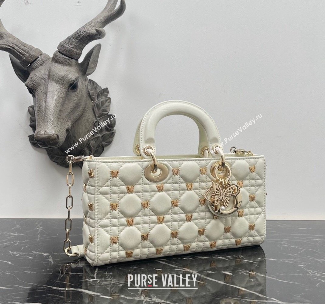 Dior Medium Lady D-Joy Bag in White Cannage Lambskin with Gold-Finish Butterfly Studs 2023 M0540 (BF-231115021)