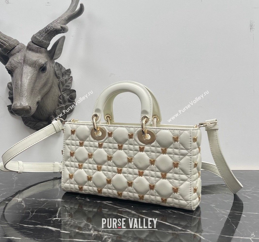 Dior Medium Lady D-Joy Bag in White Cannage Lambskin with Gold-Finish Butterfly Studs 2023 M0540 (BF-231115021)