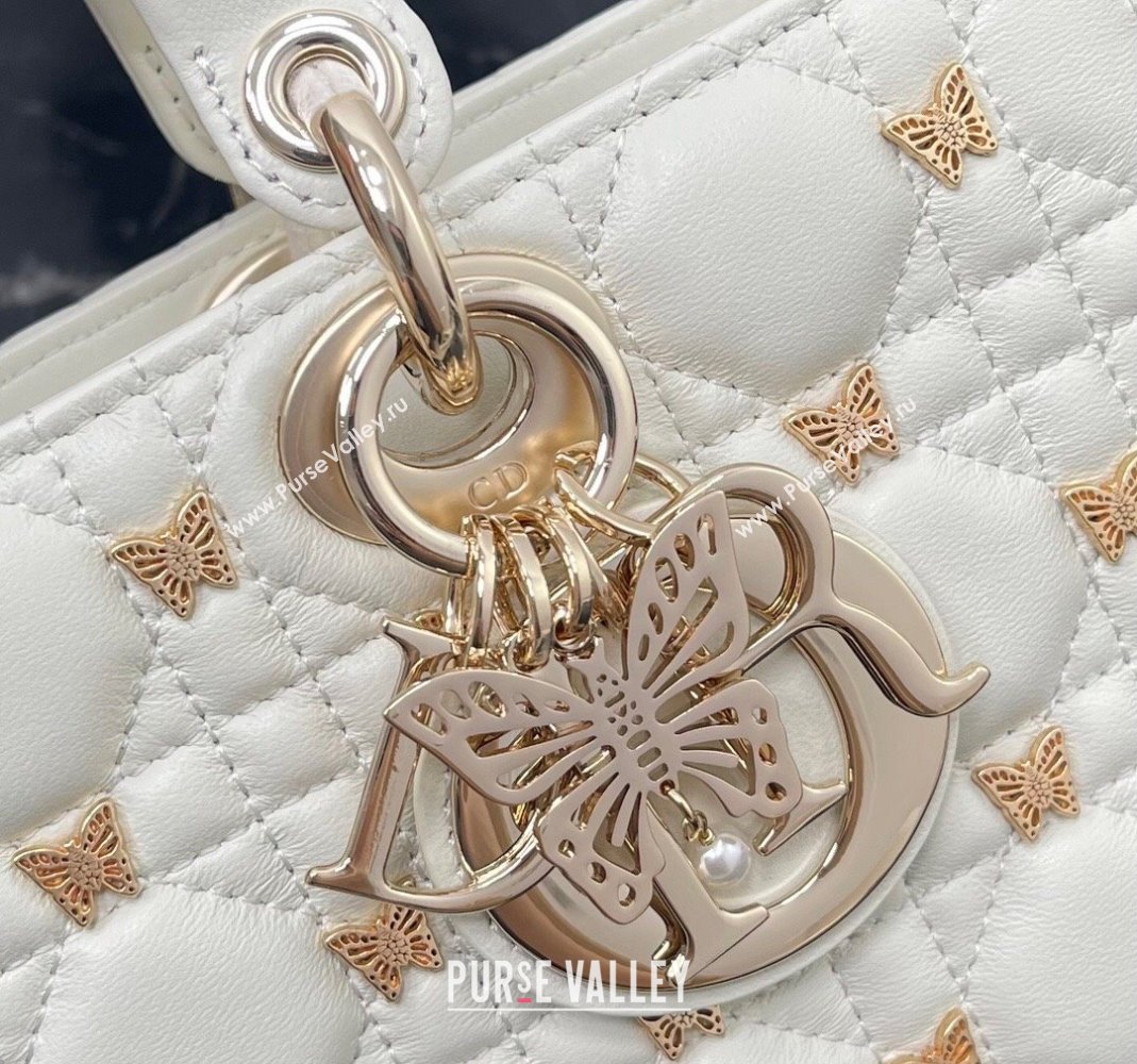 Dior Medium Lady D-Joy Bag in White Cannage Lambskin with Gold-Finish Butterfly Studs 2023 M0540 (BF-231115021)