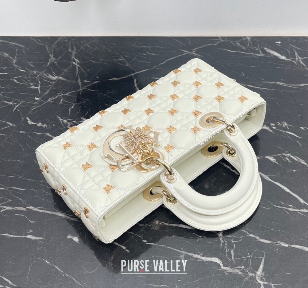 Dior Medium Lady D-Joy Bag in White Cannage Lambskin with Gold-Finish Butterfly Studs 2023 M0540 (BF-231115021)