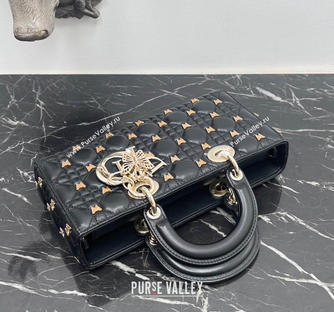 Dior Medium Lady D-Joy Bag in Black Cannage Lambskin with Gold-Finish Butterfly Studs 2023 M0540 (BF-231115023)