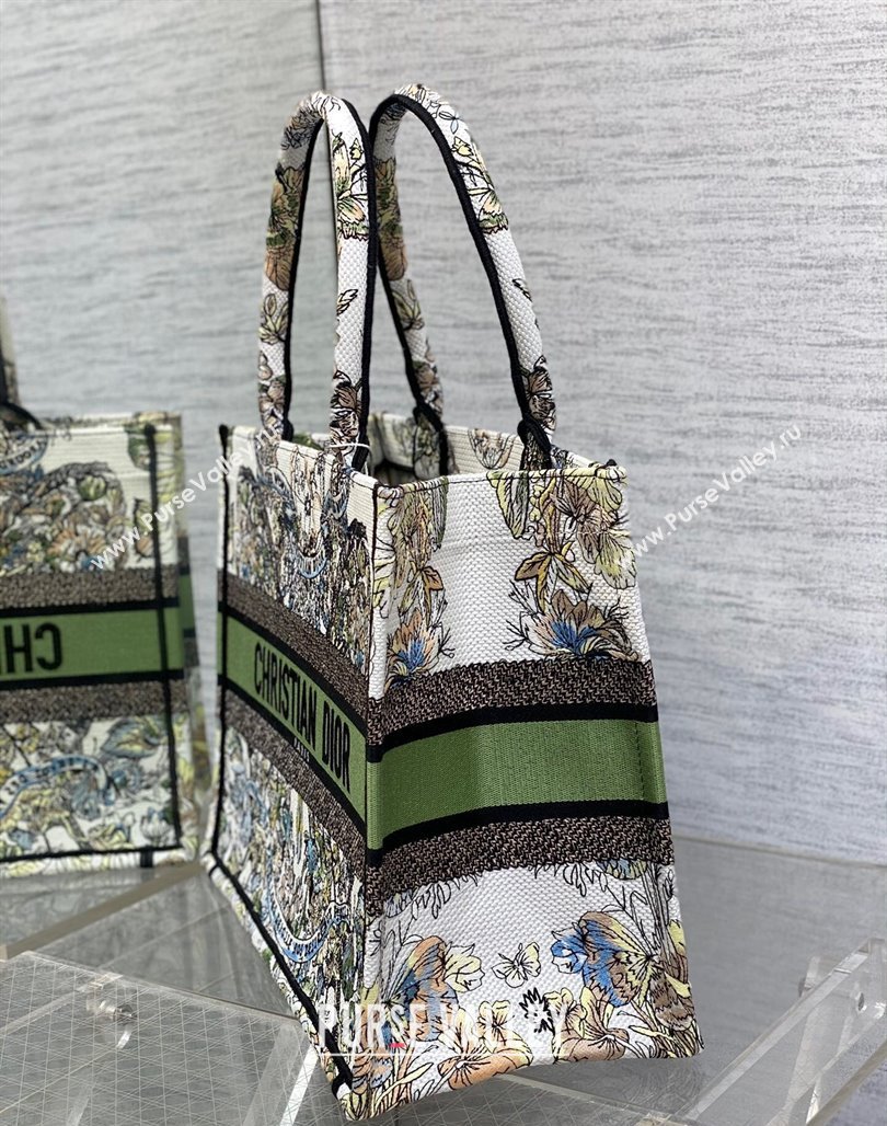 Dior Medium Book Tote Bag in White and Green Butterfly Around The World Embroidery 2023 (BF-231115033)