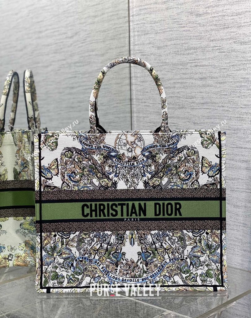 Dior Large Book Tote Bag in White and Green Butterfly Around The World Embroidery 2023 (XXG-231115032)