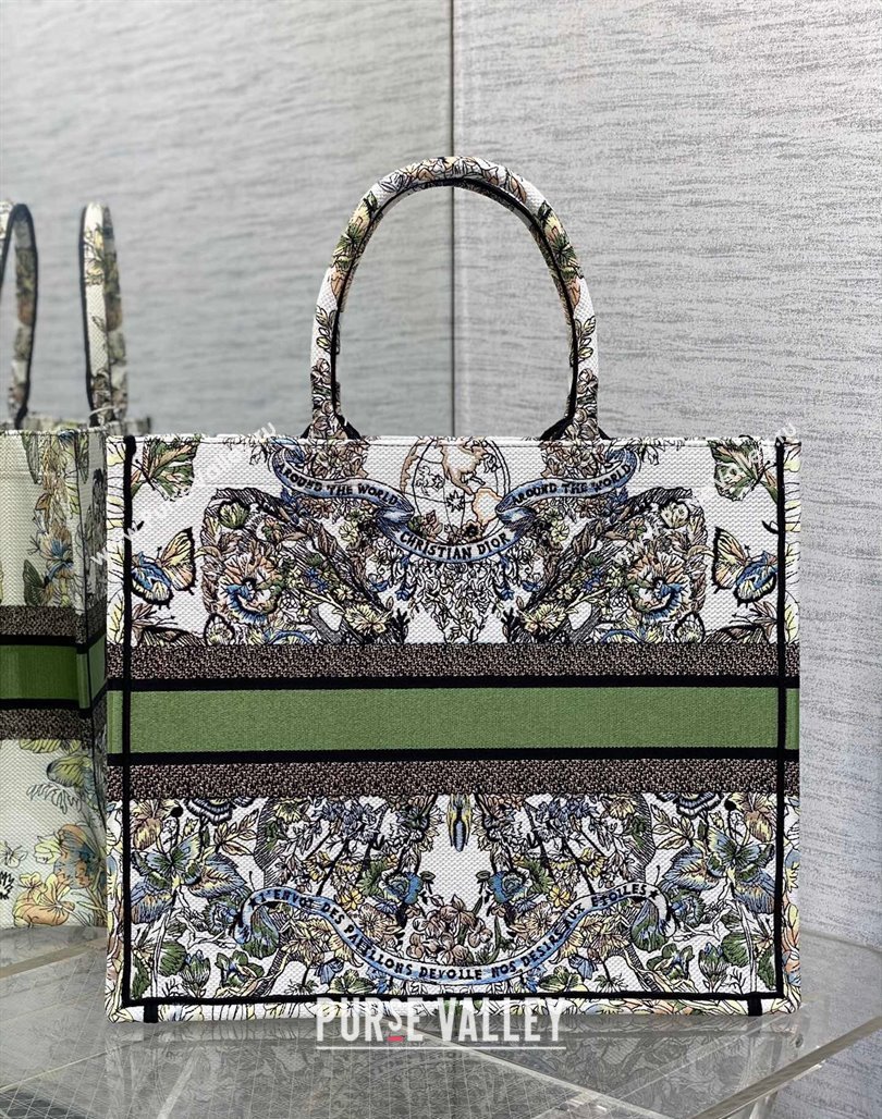 Dior Large Book Tote Bag in White and Green Butterfly Around The World Embroidery 2023 (XXG-231115032)